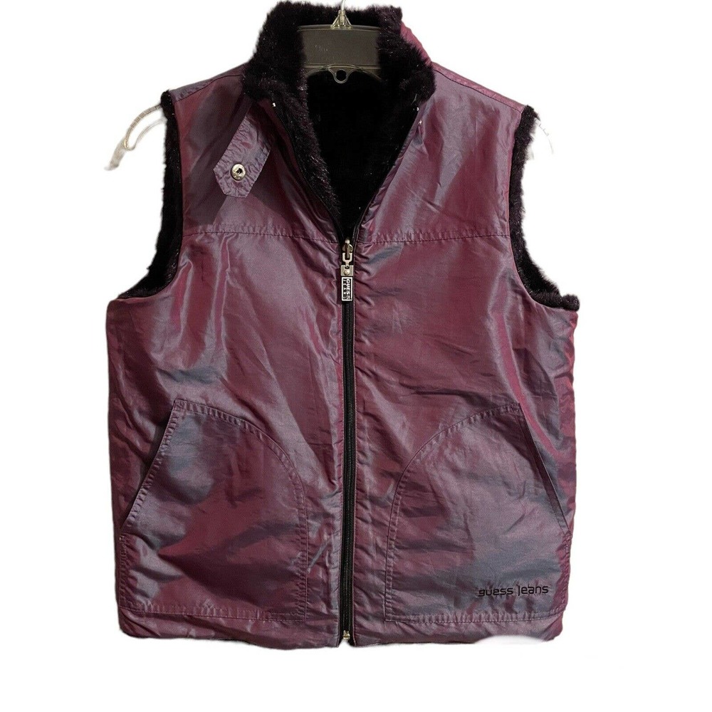 Guess Jeans Medium Faux Fur Reversible Vest Purple Irredescent Classic P…